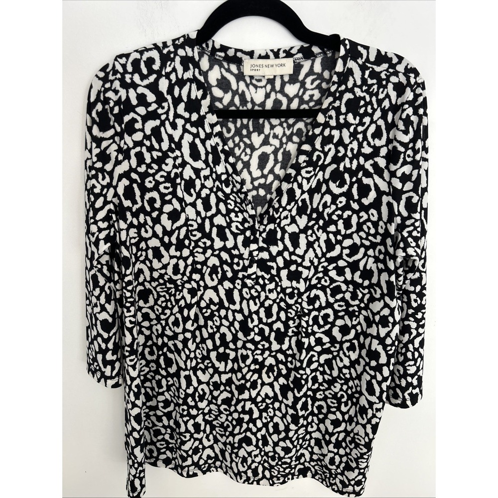 Jones New York XL Women's V-Neck 3/4 Sleep Black White Printed Top Lightweight